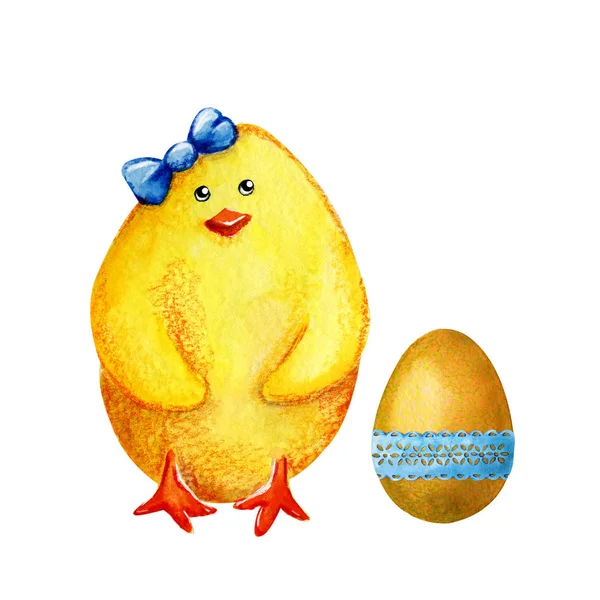 Cartoon chicken with a bow and a colored egg with lace. Hand watercolor illustration isolated on white background. Design of Easter products, cards, prints, labels. — Stock Photo, Image