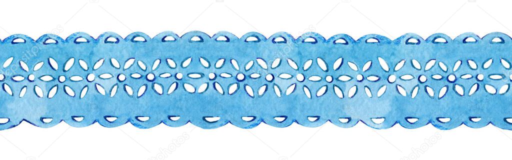 Seamless border lace blue cloth texture. Openwork curls on white background. Monochrome clothing design element. To create of feminine card or wedding invitation watertcolor illustration