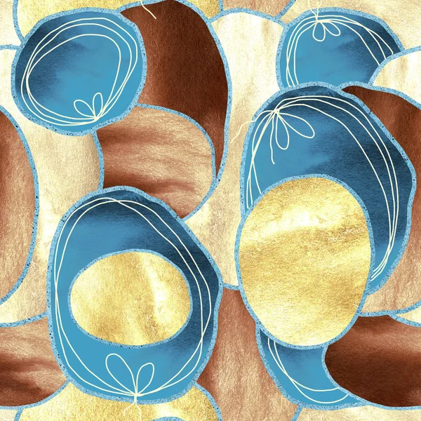 Naadloos patroon met abstracte blauwe en gele vlekken en cirkels. Handgetekende aquarel illustratie voor ontwerp achtergrond, sjabloon, omslag, behang, verpakking, wrapper. — Stockfoto