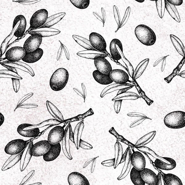 Patrón sin costuras con una ilustración de aceitunas negras y verdes sobre un fondo blanco con ramitas y hojas. Diseño para aceite de oliva, embalaje, cosméticos naturales, productos de salud, fondos de pantalla —  Fotos de Stock