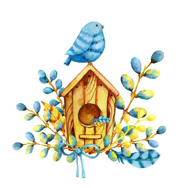 The bird meets spring and Easter, sits on a birdhouse and willow twigs. Hand watercolor illustration isolated on white background. The concept of Easter, holiday. Design for greeting cards, greetings. — Stock Photo, Image