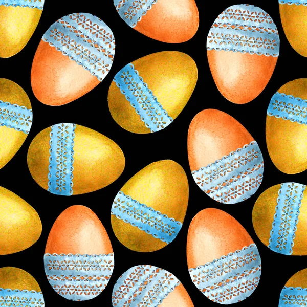 Seamless pattern with easter egg. Hand drawn watercolor illustration on a black background. Design Easter products, wallpapers, covers, packaging, wrappers, fabrics.