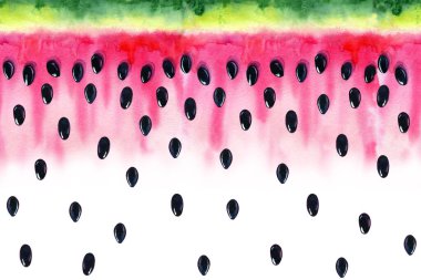 Watercolor background with the image of a watermelon. Juicy pulp and seeds for print design, banner, poster, cover, invitations, greetings, weddings, advertisements