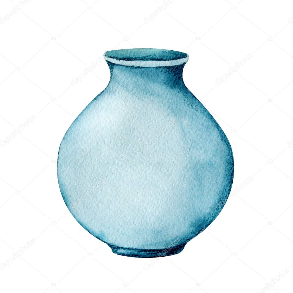 Clay ceramic pot close-up, vase, antique dishes. Hand drawn watercolor illustration, mocap for the design of food, industrial products, menus, advertising, ads.