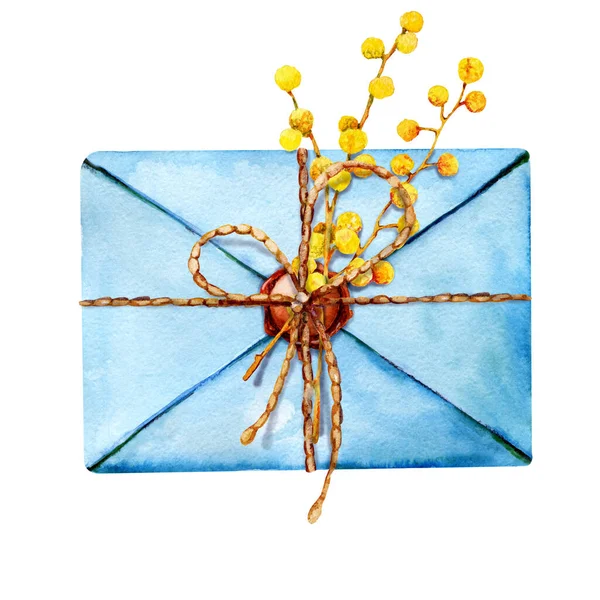 手紙と古い紙の封筒 ワックスシールとミモザ 手描き水彩画クローズアップイラスト メール メッセージ テンプレート グリーティングカードのデザインコンセプトのために — ストック写真