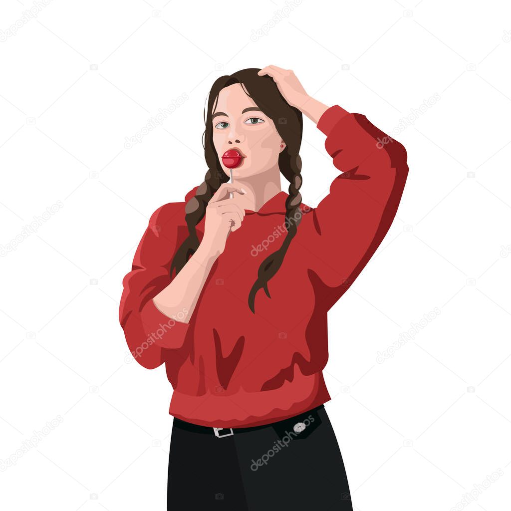 Young sexy girl with long hair sucks a lollipop. The graceful slender figure of a woman, a symbol of a beautiful sweet life. Vector illustration. Design, cover, banner, template, advertisement, label.