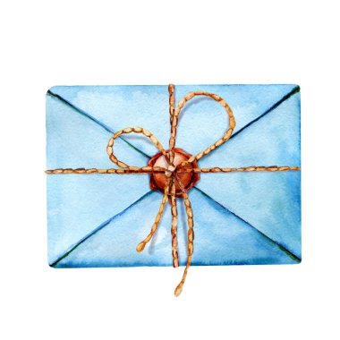 An envelope of old paper with a letter, wax seal. Hand drawn watercolor closeup illustration. For design concepts of mail, correspondence, message, background, template, greeting card, invitation.