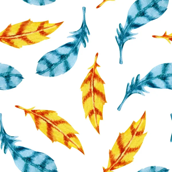 Απρόσκοπτη μοτίβο με πολύχρωμα φτερά πουλιών. Χειροποίητη ακουαρέλα που απομονώνεται σε λευκό φόντο. Σχεδιασμός προϊόντων Πάσχα και διακοπών, ταπετσαρία, κάλυμμα, περιτύλιγμα, συσκευασία. — Φωτογραφία Αρχείου