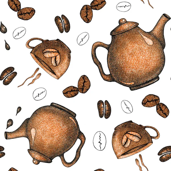 Patrón sin costuras con la imagen de granos de café, café, embalaje, frascos, platos. Bosquejo, gráficos para el diseño de impresiones, fondos de escritorio, fondos de pantalla, publicidad, menús, envases, envoltorios, cafeterías —  Fotos de Stock