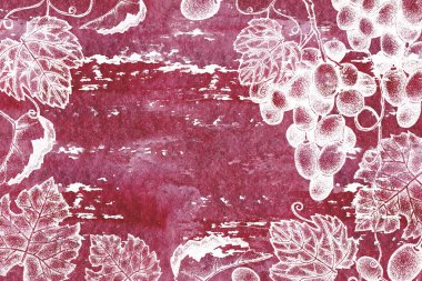 Çerçeve ve arka planda bir demet üzüm ve yaprak resmi. Noktalı el çizimi bir çizim. Tasarım menüleri için vintage biçimi, etiketler, reklamlar, kapaklar, kartpostallar.