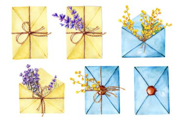 İçinde mektup, balmumu mühür, mimoza ve lavanta olan eski bir zarf. Elle çizilmiş suluboya resimleme. Posta, yazışma, mesaj, arkaplan, şablon tasarımı için.