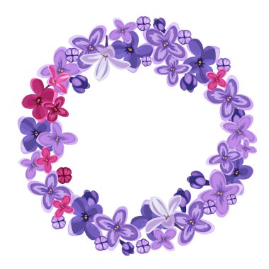 Leylak çiçeklerinin yuvarlak çerçevesi. Tasarım simgeleri, şablon, bayrak, arkaplan, bahar ve düğün konsepti için vektör ilülasyonu.