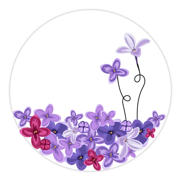 Květinová louka z šeříku a růžových květů. Vektorová ilustrace v kulatém rámečku pro design ikon, sociální sítě, koncepce jara a svatby, blahopřání, banner. — Stockový vektor
