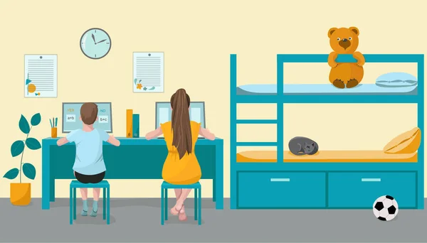 Kinderen, schoolkinderen, broer en zus, leren lessen, slagen voor de test op afstand op een computer. Kinderkamer met bed en speelgoed. Vector illustratie. Online thuis onderwijs concept, thuis onderwijs — Stockvector