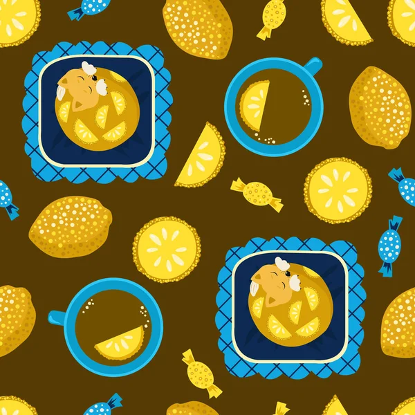 Modèle sans couture avec des chats sur l'oreiller et thé préféré avec du citron. Le concept de confort à domicile. Illustration vectorielle à la main dans un style plat. Conception de produits pour enfants, fond, papier peint . — Image vectorielle