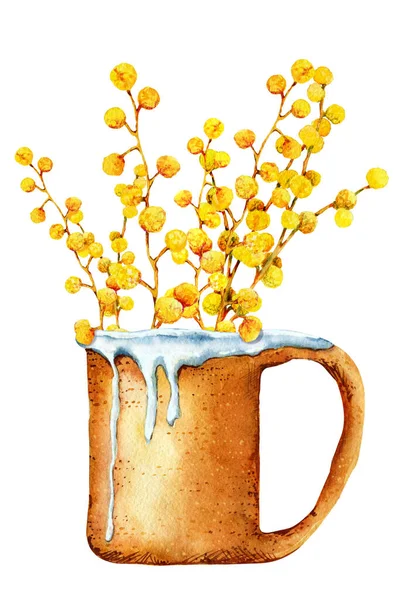 Poterie artisanale. Tasse en céramique avec glaçure et un bouquet de fleurs de mimosa. Illustration aquarelle isolée sur fond blanc. Le concept de matériaux naturels, cuisine, passe-temps — Photo