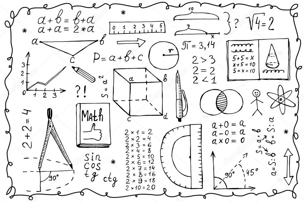 Symbols and signs for the school lesson math, numbers, formulas, graphics. Hand drawn doodle black line vector illustration. The concept of education and home-based online learning.