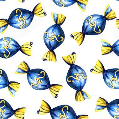 Çikolatalı, şekerli, kusursuz desenli. Suluboya çizimi beyaz arkaplanda izole edildi. Yemek pişirme, mutfak, menü, konfor, ambalaj tasarımı, ambalaj kağıtları, duvar kağıtları