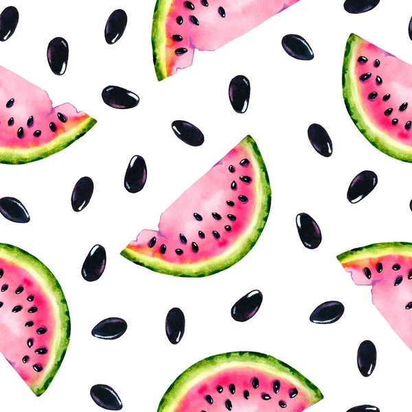 Juicy watermelon for a summer drink and healthy food. Seamless pattern. Watercolor illustration for design of notepad, cover, wallpaper, packaging, wrapper, print, background, template