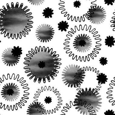 Soyut siyah beyaz doku. El yapımı suluboya ve grafik resimli kusursuz desen. Tasarım arka planı, şablon, kapak, duvar kağıdı, ambalaj, kumaş için yuvarlak şekiller