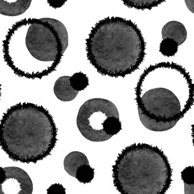 Soyut siyah beyaz doku. El yapımı suluboya ve grafik resimli kusursuz desen. Tasarım arka planı, şablon, kapak, duvar kağıdı, ambalaj, kumaş için yuvarlak şekiller
