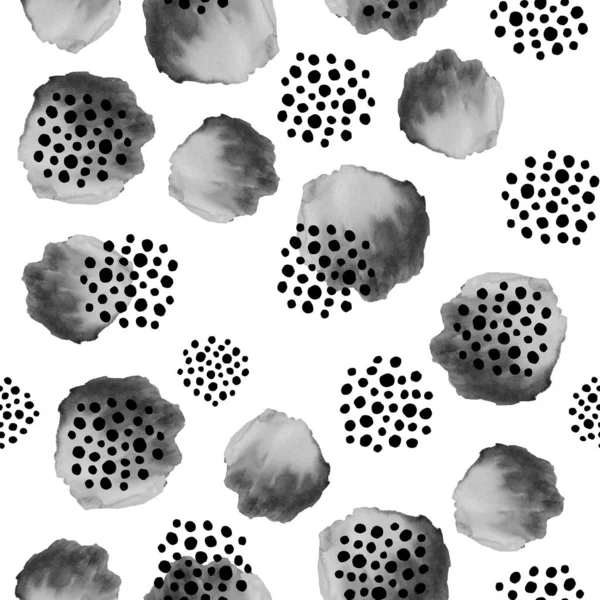 Abstract black and white texture. Seamless pattern with hand-made watercolor and graphic illustration. Round shapes for design background, template, cover, wallpaper, packaging, wrapper, fabric — Stock Photo, Image