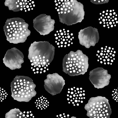 Soyut siyah beyaz doku. El yapımı suluboya ve grafik resimli kusursuz desen. Tasarım arka planı, şablon, kapak, duvar kağıdı, ambalaj, kumaş için yuvarlak şekiller.
