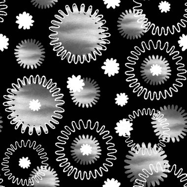 Soyut siyah beyaz doku. El yapımı suluboya ve grafik resimli kusursuz desen. Tasarım arka planı, şablon, kapak, duvar kağıdı, ambalaj, kumaş için yuvarlak şekiller.