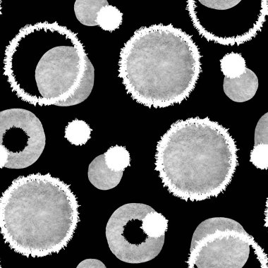 Soyut siyah beyaz doku. El yapımı suluboya ve grafik resimli kusursuz desen. Tasarım arka planı, şablon, kapak, duvar kağıdı, ambalaj, kumaş için yuvarlak şekiller.