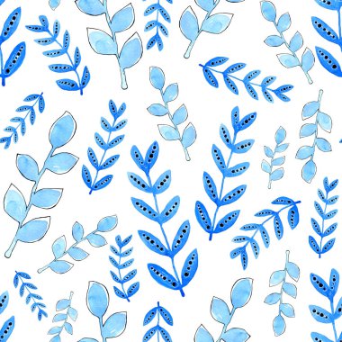 Mavi çiçekli, dallı ve yapraklı kusursuz desen. Beyaz arka planda el boyası çizimi. Kumaş, baskı, şablon, ambalaj, ambalaj, tekstil, duvar kağıdı, davetiye.