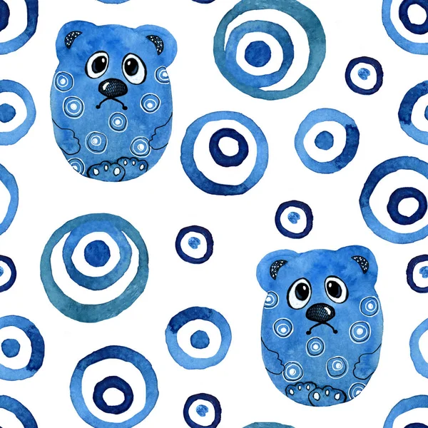 Cartoon character, sad little bear baby. Seamless pattern. Watercolor illustration isolated on white background. For the design of children\'s products, covers, prints, packaging, wrappers.
