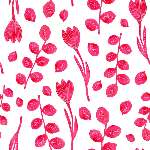 Zökkenőmentes Minta Rózsaszín Virágokkal Gallyakkal Levelekkel Kézi Akvarell Illusztráció Egy — Stock Fotó