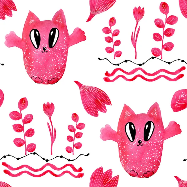 Aranyos Rózsaszín Macska Cica Minták Firka Stílusban Kézi Akvarell Illusztráció — Stock Fotó