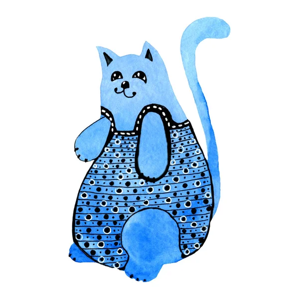 Cute Blue Cat Kitten Patterns Doodle Style Hand Watercolor Illustration — Stock Photo, Image