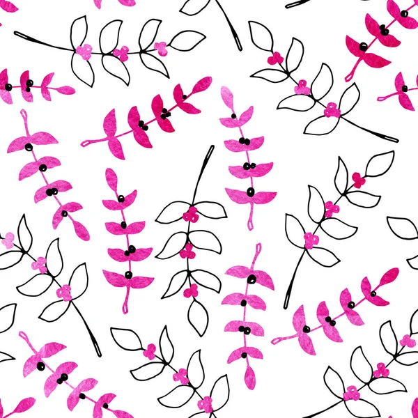 Απρόσκοπτη μοτίβο με υδατογραφία λεκέ και λουλούδια. Χειροποίητη απεικόνιση σε λευκό φόντο για το σχεδιασμό του φόντου, του εξωφύλλου, του αυτοκόλλητου, του προτύπου, των καλλυντικών προϊόντων. — Φωτογραφία Αρχείου