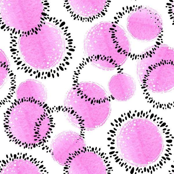 Abstract patterns, round elements and dots. Seamless pattern with hand-made watercolor and graphic illustration. Round shapes for design background, template, cover, wallpaper, packaging, wrapper