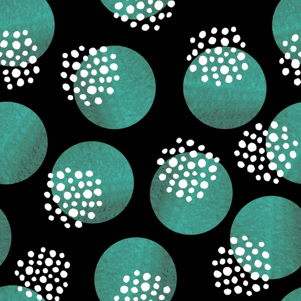 Abstract patterns, round elements and dots. Seamless pattern with hand-made watercolor and graphic illustration. Round shapes for design background, template, cover, wallpaper, packaging, wrapper