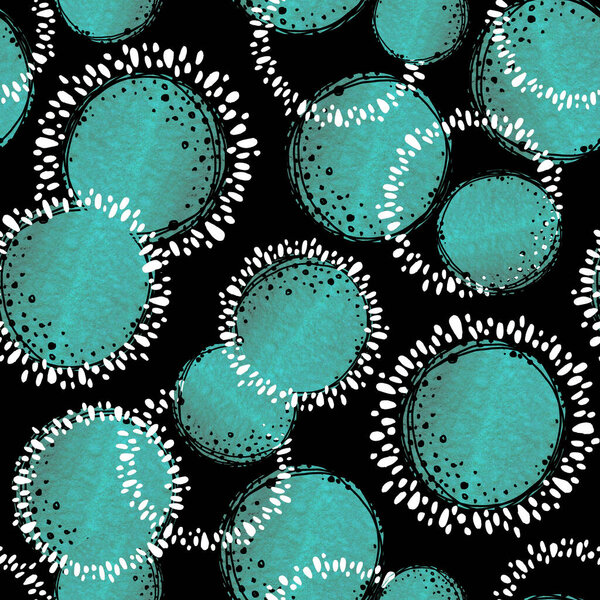 Abstract patterns, round elements and dots. Seamless pattern with hand-made watercolor and graphic illustration. Round shapes for design background, template, cover, wallpaper, packaging, wrapper