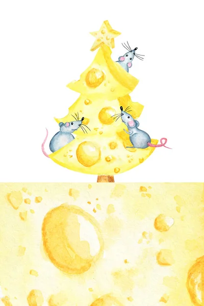 Árvore de queijo de Natal com rato. Cartão de saudação de ano novo, conceito de cartaz 2020. Pedaço de desenho aquarela de queijo amarelo triangular. Comida favorita do rato. Símbolo de ilustração de Ano Novo Chineese — Fotografia de Stock