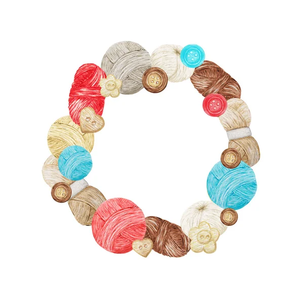 Κόκκινο, μπλε, γκρι μπεζ Crochet Shop Logotype στρογγυλό πλαίσιο, Branding, Avatar σύνθεση από νήματα και κουμπιά. Concept Illustration για χειροποίητο πλέξιμο ή πλέξιμο με εικονίδια από νήμα. — Φωτογραφία Αρχείου