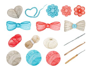 Crochet Shop concept of hooks, Ball of yarn, crocheted heart, bow, hook, flowers. Watercolor Hand drawn hobby Knitting and Crocheting on white background. Clipart of blue red gray beige elements set. clipart