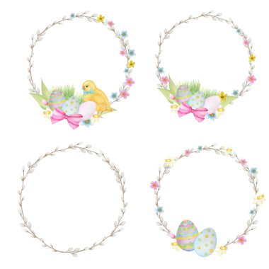 Beyaz arka planda izole edilmiş suluboya Paskalya çelengi seti. Elle boyanmış yuvarlak çerçeve, amcık söğüt dalı, bahar çiçekleri, renkli yumurtalar. Kart tasarımı, afişler, davetiyeler için dekoratif unsurlar