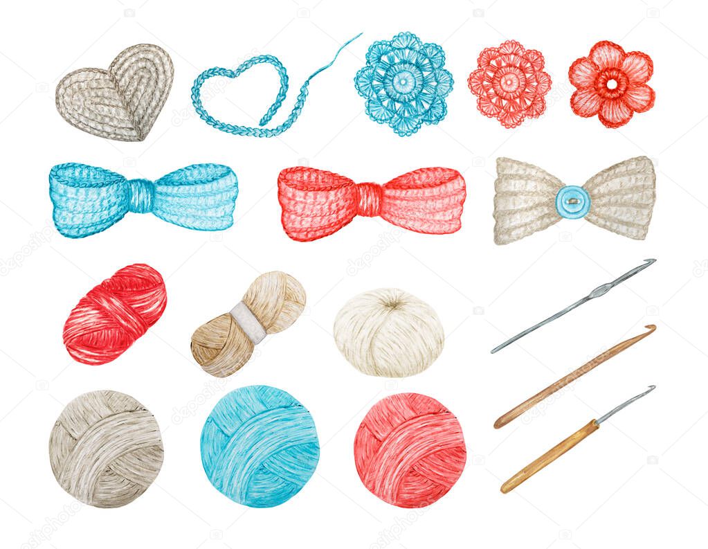 Crochet Shop concept of hooks, Ball of yarn, crocheted heart, bow, hook, flowers. Watercolor Hand drawn hobby Knitting and Crocheting on white background. Clipart of blue red gray beige elements set.