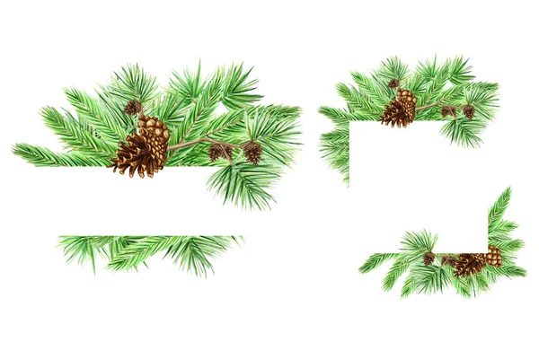Natal conjunto de cartão de saudação, cartaz, conceito de banner de ramos de pinho e cones no fundo branco, ilustração desenhada à mão aquarela Ano Novo com espaço de cópia para texto — Fotografia de Stock