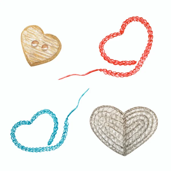 Crocheted gray blue red hearts, wooden heart button, hand made concept. Watercolor Hand drawn hobby Crocheting and Knitting Love on white background. — ストック写真