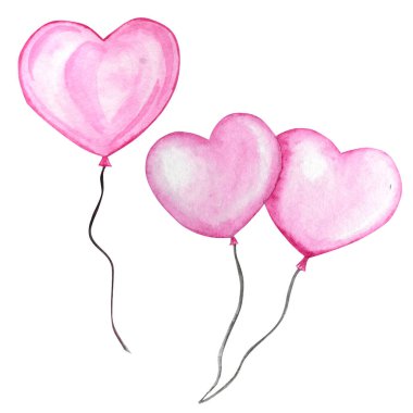 Sevgililer günün kutlu olsun. Suluboya el, uçan pembe balon kalbin tatil resimlerini çizdi. Sevgililer Günü ya da düğün için beyaz arka planda izole edilmiş romantik bir unsur.