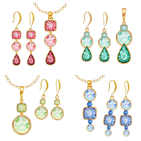 Rouge, vert, bleu carré, perles rondes en cristal gemme avec élément d'or. Aquarelle dessin pendentif doré sur chaîne et boucles d'oreilles sur fond blanc. Magnifique ensemble de bijoux dessinés à la main . — Photo