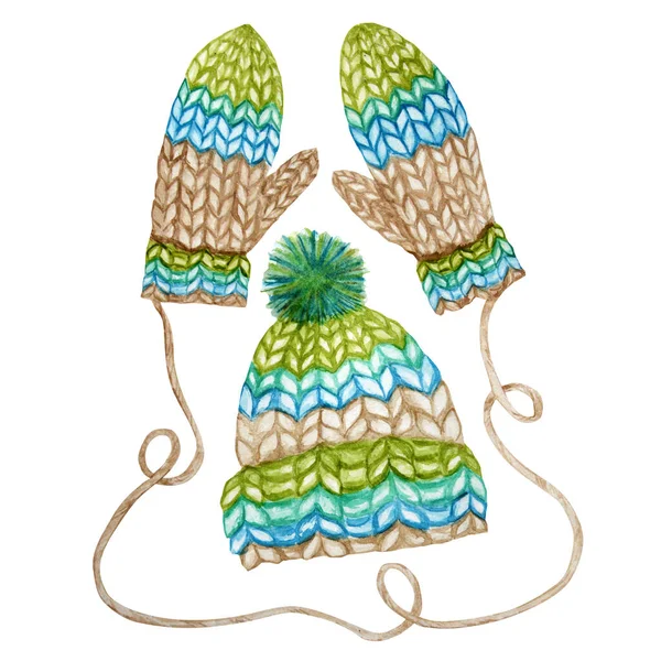 Aquarel hand geschilderd gebreide winter wollen kleding set. Mitten, pet met pompon. Breipet, in de kleur blauw, groen en bruin. Warme trendy accessoire collectie geïsoleerd op witte achtergrond. Handgetrokken — Stockfoto