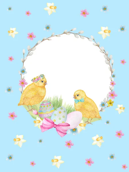 Watercolor Easter wreath on blue background. Greeting cards design, banners, invitations, poster concept. Hand painted Round frame with pussy willow branch, colored eggs, spring flowers, copy space — Stock Photo, Image