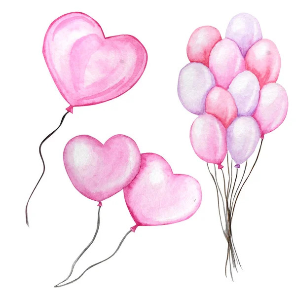Happy Valentines Day set. Watercolor hand drawn Holiday illustration of flying pink balloon heart. Festive decoration love romantic element for Valentines Day or Wedding, isolated on white background — ストック写真